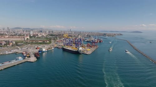 Aerial Panoramic View of Sea Coast Cargo Harbor with Big Color Cranes and Metropolis in Background
