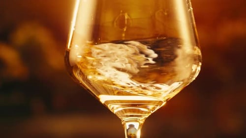 Orange or White Wine Bottle and Glass Against a Sunset in a Peaceful Vineyard Pouring of Ecological