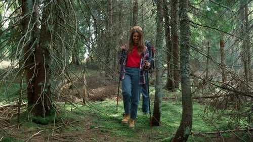Girl And Guy Trekking Woods In Summer Time. Smiling Couple Hiking In Forest. Laughing Woman And M...