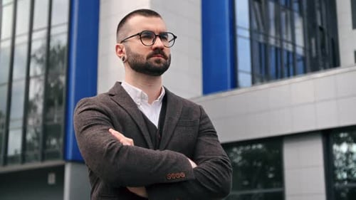 Charismatic Bearded Stylish Business Man Office Employee Posing Thoughtful Face Expression Outdoor