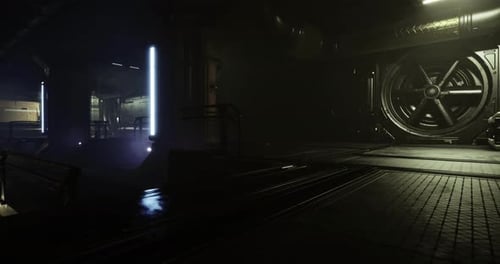 Industrial Interior with Lighting in a Dark Complex Environment
