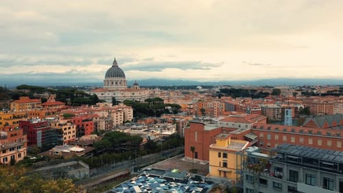 aerial view drone side flight City of Rome Italy Vatican St. Peter the Apostle Square train tracks