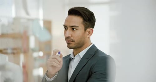 Thinking, strategy and glass with a business man in his office for problem solving or brainstorming