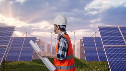 Asian Male Looking At Blueprint In His Hands While Walking at Energy Farm