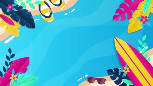 Animated Flat Design Summer Beach Background with Tropical Elements