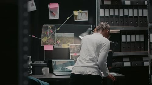 Woman Investigating Crime at Messy Desk