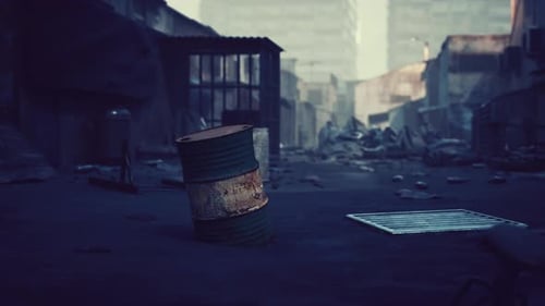 Abandoned Urban Alleyway with Debris and a Rusted Barrel in a Desolate City