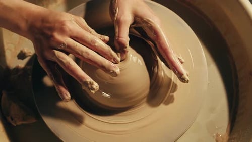Woman Potter Works with Clay on Master Class in Studio Working Process in Ceramic Workshop Potter