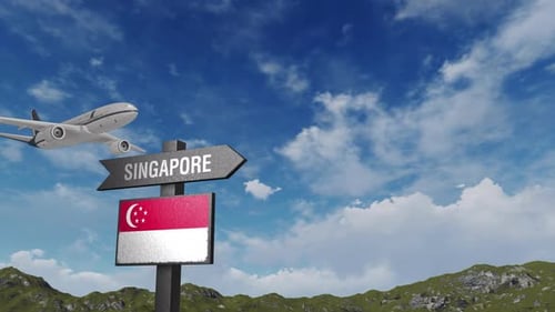 Singapore Travel Destination with Flying Airplane and Directional Sign