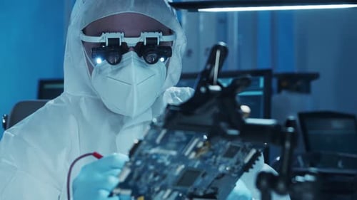 Microelectronics Engineer Works in a Modern Scientific Laboratory on Computing Systems and