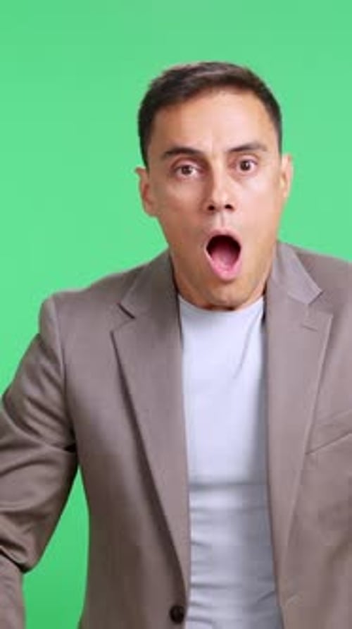 Surprised Man Gasping in Amazement on Green Screen