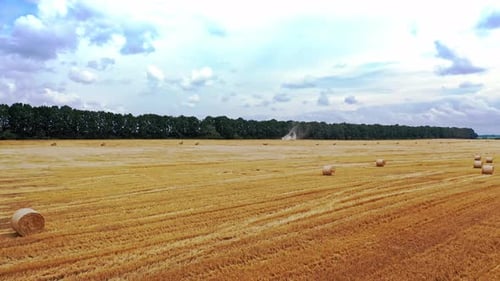 Golden Field with Hay Bales Aerial View