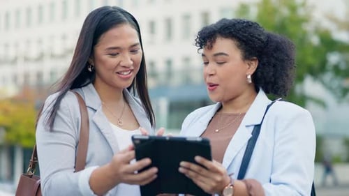 City, tablet and business women, laughing friends or colleagues reading funny news