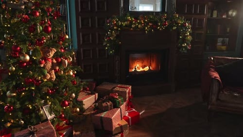 Classical Christmas Decorated Interior Living Room Library with Fireplace Christmas Tree with Red