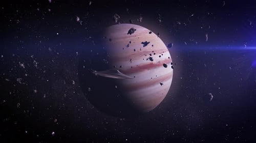 UFO über Jupiter mit Asteroiden