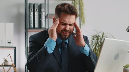 Tired Caucasian Business Man Suffering From Headache Problem Tension Migraine Stress at Home Office