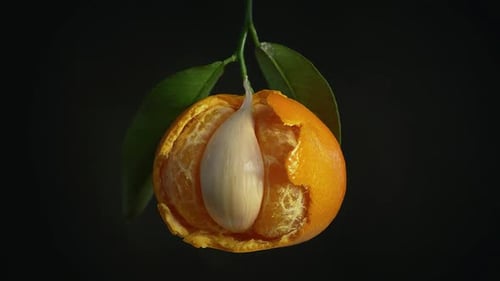 Vue rapprochée d'une mandarine avec des segments exposés et des feuilles vertes