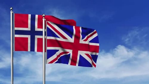 Norway and United Kingdom Flags Waving in Wind