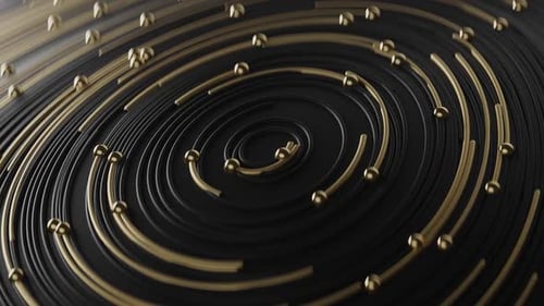 Elegant Golden Spheres Flowing on Abstract Geometric Spiral Background