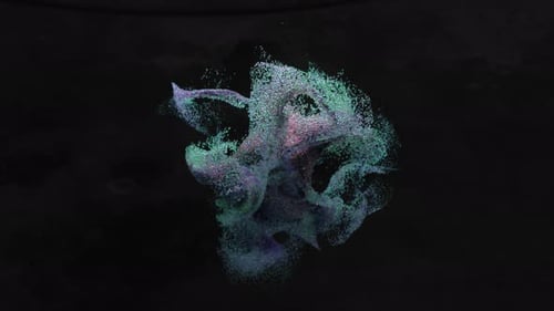 Abstraktes Konzept Eine Wolke farbiger, sich chaotisch bewegender Partikel auf einem isolierten schwarzen Hintergrund