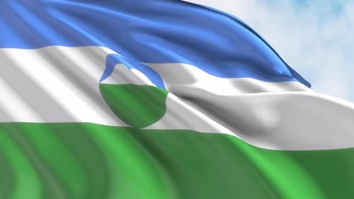 Realistic Waving Flag with Blue White Green and Mountain Emblem