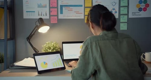 Young asia business lady freelance using laptop write worksheet finance graph account chart market.