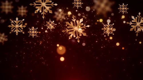 Golden Snowflakes Falling on a Festive Red Christmas Background