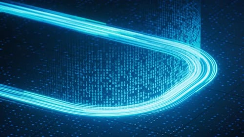 Flowing neon lines with binary data background