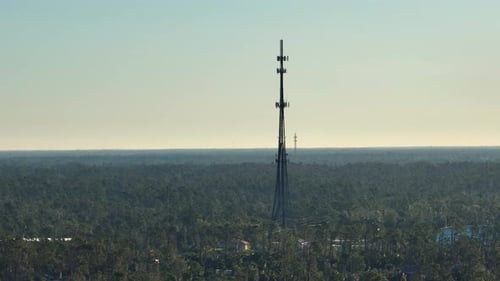 Aerial View of Telecommunications Cell Phone Tower with Wireless Communication 5g Antennas for