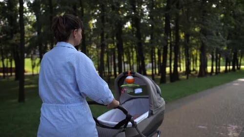 Mom Rolls a Baby Stroller in Park