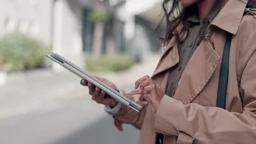 City, tablet and hands of professional person typing internet, website or online research