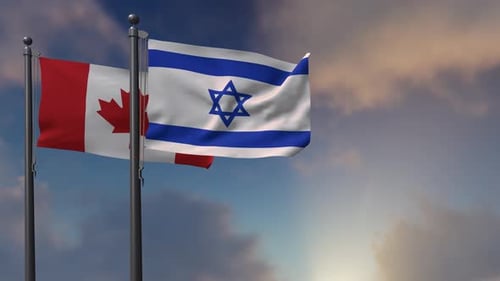 Canadian and Israeli Flags Waving on Flagpoles