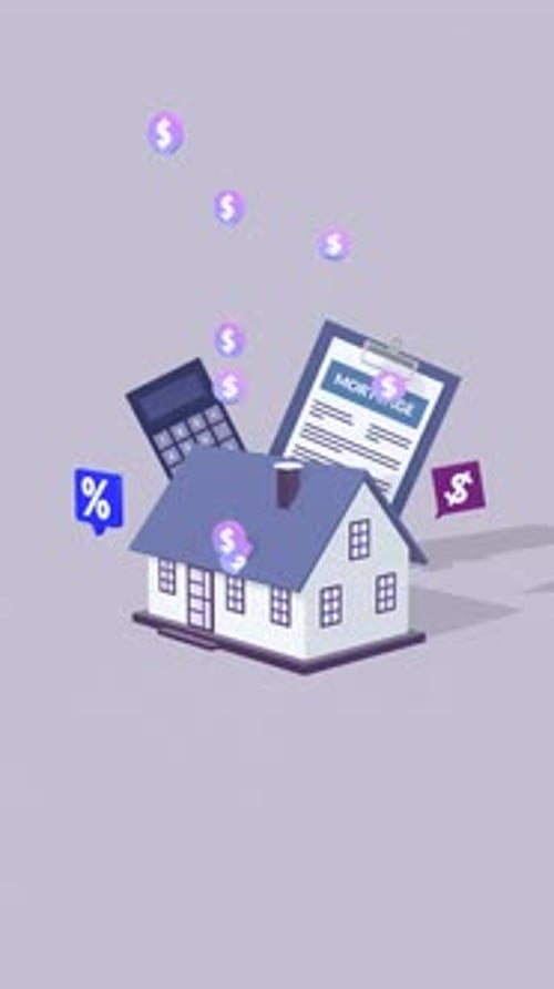 Vertical Animation of Mortgage Calculations, Budget Planning, and Property Investment Concepts.