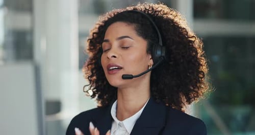 Talking, office and woman on computer in call center for consulting, online help and crm support