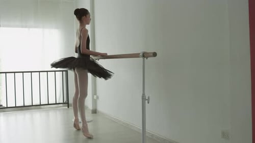 Dancer practices at barre, showing grace and focus in bright studio with tutu and pointe shoes.