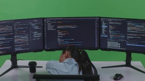 Tired Asian Woman Developer Sleeping While Write Code With Multiple Computer Screens In Green Screen