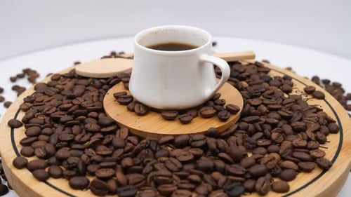 Coffee Cup Surrounded by Roasted Coffee Beans
