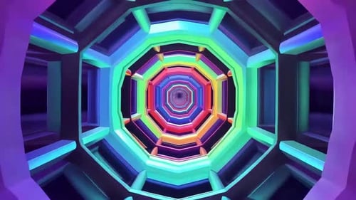 Vibrante túnel octogonal de neón, bucle circular, movimiento abstracto en 3D