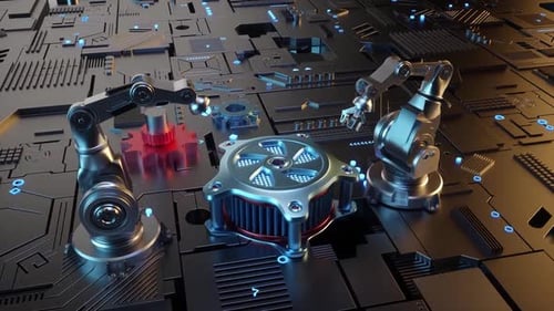 Futuristic Robotic Arms Assembling Processor on Digital Circuit Board