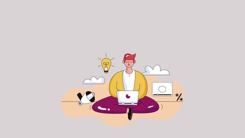 Flat Design Animation: Person Working on Laptop with Digital Icons