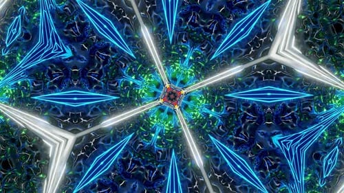 Colorful abstract design with red center and blue center. Kaleidoscope VJ loop