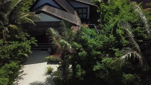 Drone filmado acima de uma vila com árvores verdes, areia branca e shezlongs em um resort nas Maldivas. 4K