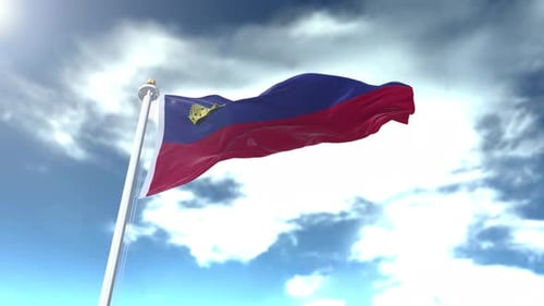 Liechtenstein National Flag Waving in Realistic Blue Sky