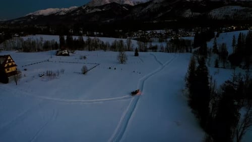Blue Hour Dusk Horse Sleigh Ride - Drone Aerial