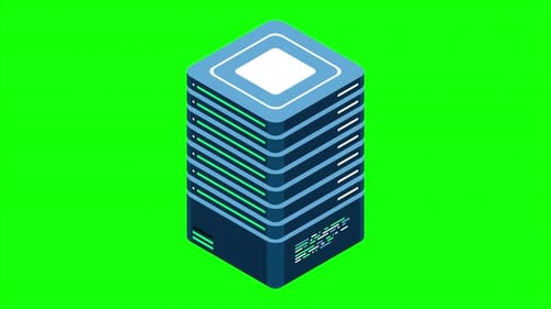 Isometric server animation. Network server room. 3D computer equipment. Storage database