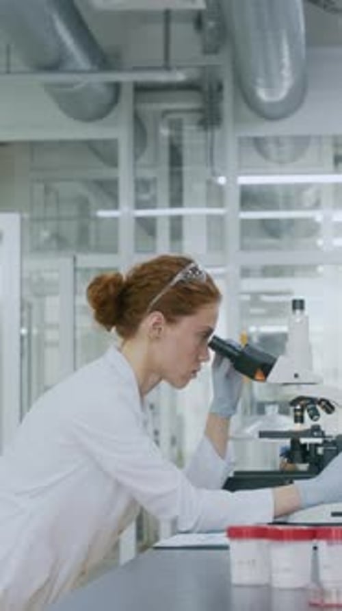 Woman Scientist Using Microscope in Laboratory Setting