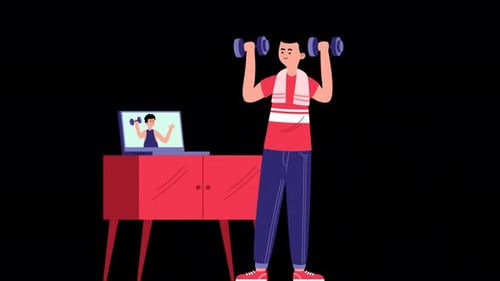 Man Training At Home With An Online Coach In Her Smartphone Helping Her 4K On Alpha Channel