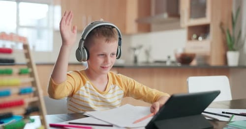 Video call, e learning and child, questions and audio technology in online class and home education