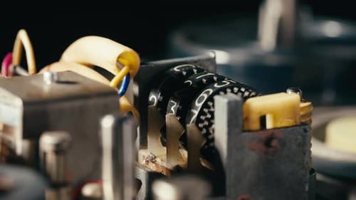 Contador mecánico negro sobre reproductor de música con cinta magnética El medidor mecánico negro tiene desde cero