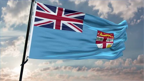 Realistic Waving Flag of Fiji with Cloudy Sky Background